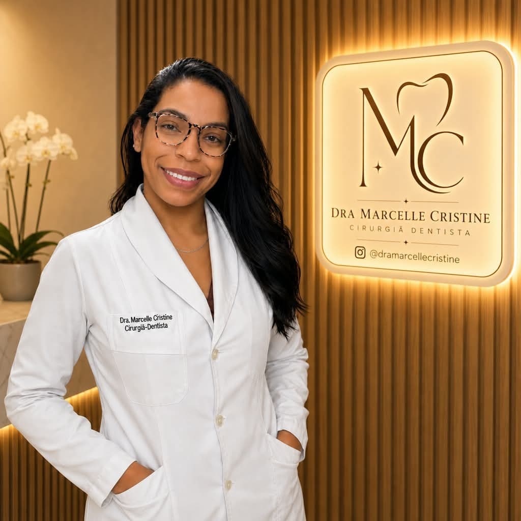 Dra. Marcelle Cristine de jaleco em frente ao painel com sua logo no consultório